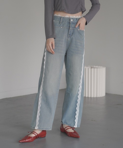 セール】Side lace line straight denim pants / サイドレース