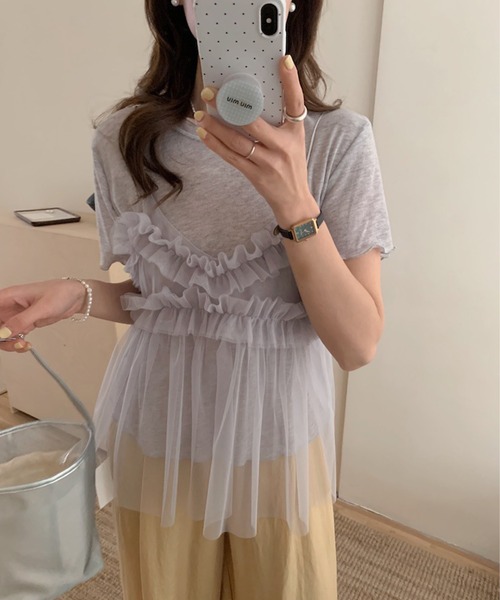 Jasmine Grandiflorum（ジャスミングランディフローラム）の「【Jasmine】チュールフリルキャミソール＋ベーシックショートTシャツ (SS)（アンサンブル・レディース・アイボリー/グレー/ブルー/ピンク・FREE）」の2枚目の写真