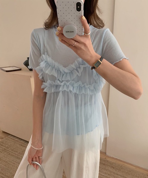 Jasmine Grandiflorum（ジャスミングランディフローラム）の「【Jasmine】チュールフリルキャミソール＋ベーシックショートTシャツ (SS)（アンサンブル・レディース・アイボリー/グレー/ブルー/ピンク・FREE）」の3枚目の写真