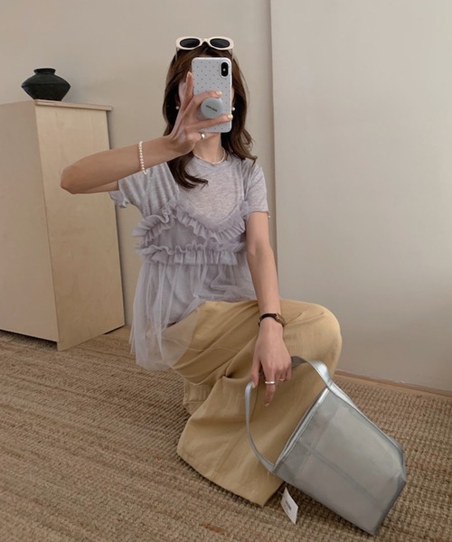 Jasmine Grandiflorum（ジャスミングランディフローラム）の「【Jasmine】チュールフリルキャミソール＋ベーシックショートTシャツ (SS)（アンサンブル・レディース・アイボリー/グレー/ブルー/ピンク・FREE）」の19枚目の写真