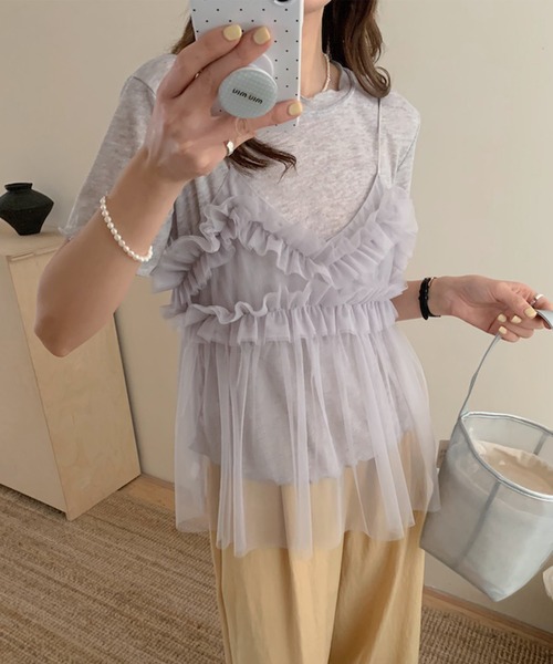 Jasmine Grandiflorum（ジャスミングランディフローラム）の「【Jasmine】チュールフリルキャミソール＋ベーシックショートTシャツ (SS)（アンサンブル・レディース・アイボリー/グレー/ブルー/ピンク・FREE）」の16枚目の写真