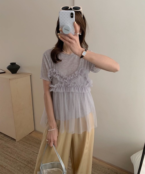 Jasmine Grandiflorum（ジャスミングランディフローラム）の「【Jasmine】チュールフリルキャミソール＋ベーシックショートTシャツ (SS)（アンサンブル・レディース・アイボリー/グレー/ブルー/ピンク・FREE）」の17枚目の写真
