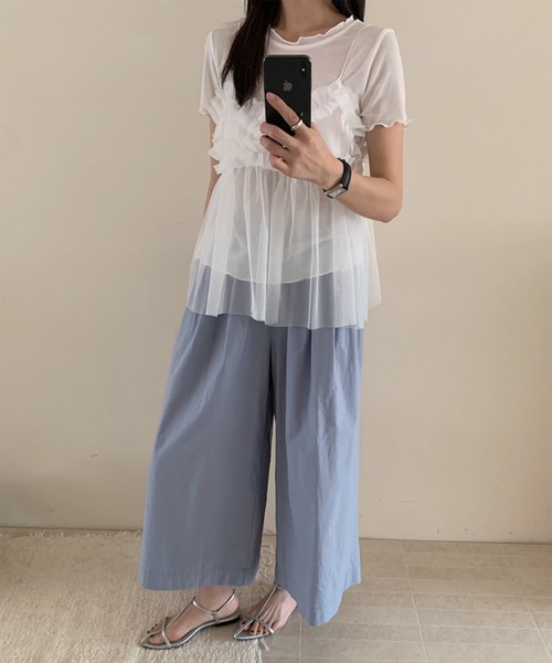 Jasmine Grandiflorum（ジャスミングランディフローラム）の「【Jasmine】チュールフリルキャミソール＋ベーシックショートTシャツ (SS)（アンサンブル・レディース・アイボリー/グレー/ブルー/ピンク・FREE）」の10枚目の写真