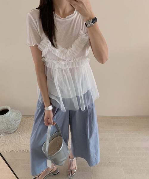 Jasmine Grandiflorum（ジャスミングランディフローラム）の「【Jasmine】チュールフリルキャミソール＋ベーシックショートTシャツ (SS)（アンサンブル・レディース・アイボリー/グレー/ブルー/ピンク・FREE）」の9枚目の写真