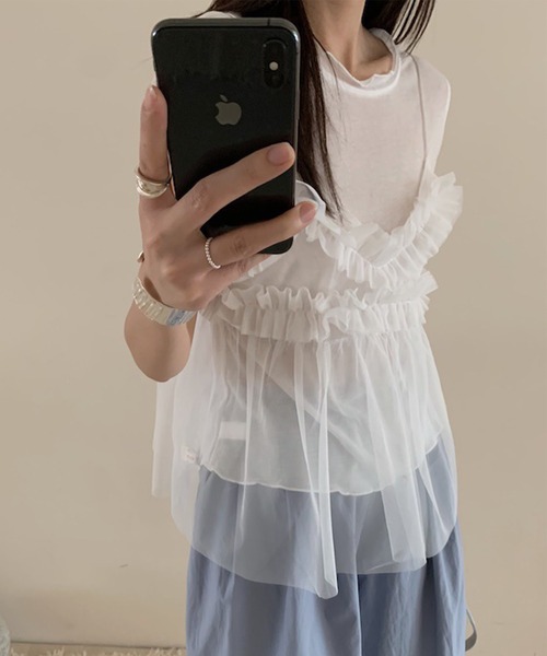 Jasmine Grandiflorum（ジャスミングランディフローラム）の「【Jasmine】チュールフリルキャミソール＋ベーシックショートTシャツ (SS)（アンサンブル・レディース・アイボリー/グレー/ブルー/ピンク・FREE）」の12枚目の写真