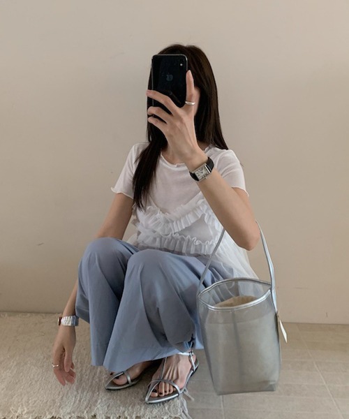 Jasmine Grandiflorum（ジャスミングランディフローラム）の「【Jasmine】チュールフリルキャミソール＋ベーシックショートTシャツ (SS)（アンサンブル・レディース・アイボリー/グレー/ブルー/ピンク・FREE）」の7枚目の写真