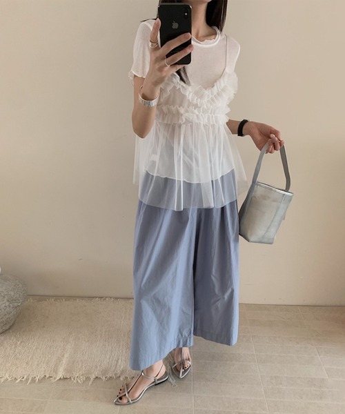 Jasmine Grandiflorum（ジャスミングランディフローラム）の「【Jasmine】チュールフリルキャミソール＋ベーシックショートTシャツ (SS)（アンサンブル・レディース・アイボリー/グレー/ブルー/ピンク・FREE）」の5枚目の写真