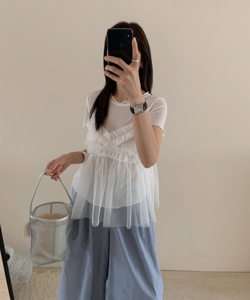 Jasmine Grandiflorum（ジャスミングランディフローラム）の「【Jasmine】チュールフリルキャミソール＋ベーシックショートTシャツ (SS)（アンサンブル・レディース・アイボリー/グレー/ブルー/ピンク・FREE）」の6枚目の写真