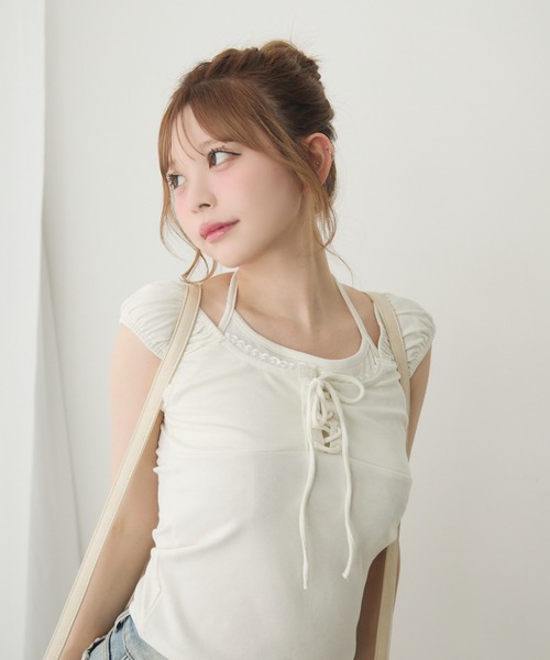 セール】レースアップフロントリボントップス（Tシャツ
