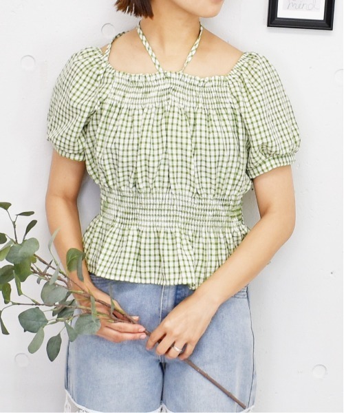 ブラウス シャツ レトロチェックオフショルギャザートップス レディース セール】チェックオフショルブラウス（シャツ/ブラウス）｜FUN