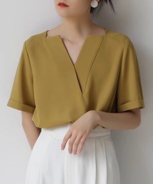 Beststore(ベストストア)の「キーネック 半袖 シャツブラウス(シャツ/ブラウス・レディース・ライトベージュ/ライトグリーン/カーキ/ネイビー/マスタード/スカイブルー/ブラック・M/L)」の7枚目の写真