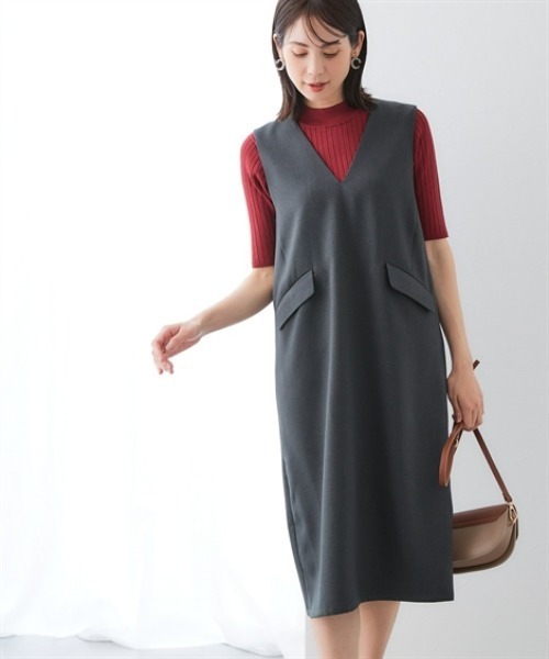 7days Life Styling（セブンデイズライフスタイリング）の「ウール調Vネックジャンパースカート（しわになりにくい・洗濯機OK）<大きいサイズ有>（ジャンパースカート・レディース・チャコール/チェック・3L/LL/L/M）」の3枚目の写真