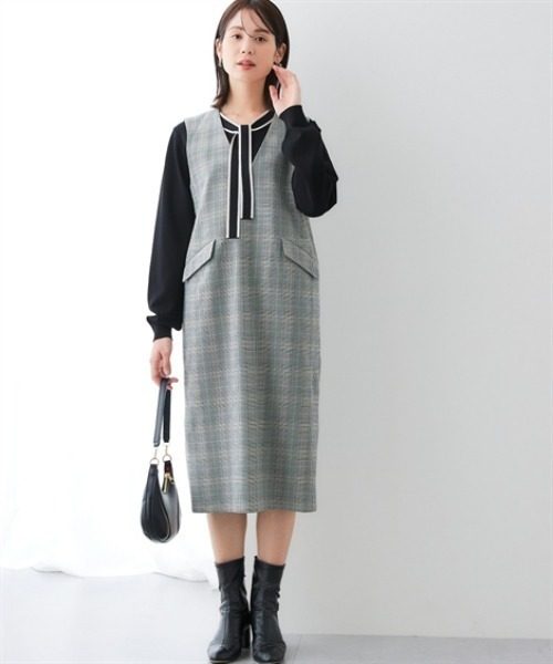 7days Life Styling（セブンデイズライフスタイリング）の「ウール調Vネックジャンパースカート（しわになりにくい・洗濯機OK）<大きいサイズ有>（ジャンパースカート・レディース・チャコール/チェック・3L/LL/L/M）」の8枚目の写真