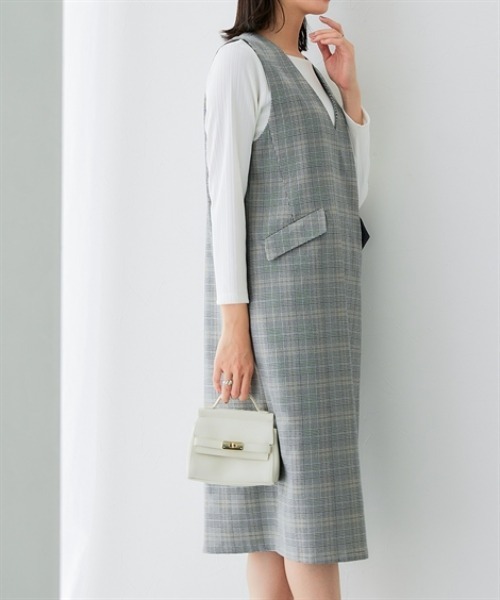 7days Life Styling（セブンデイズライフスタイリング）の「ウール調Vネックジャンパースカート（しわになりにくい・洗濯機OK）<大きいサイズ有>（ジャンパースカート・レディース・チャコール/チェック・3L/LL/L/M）」の10枚目の写真