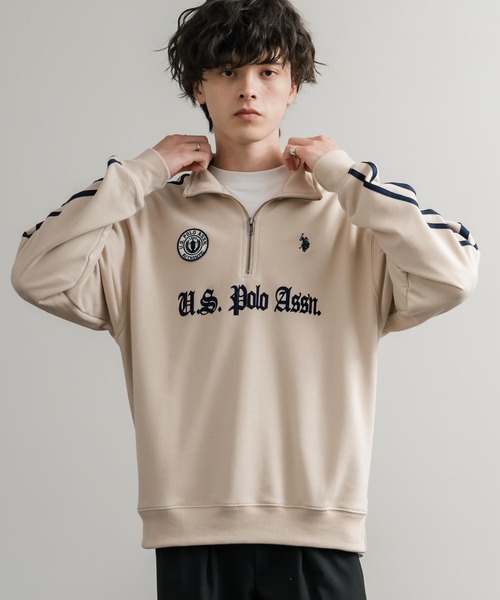 U.S. POLO ASSN.（ユーエスポロアッスン）の「U.S. POLO ASSN. ユーエスポロアッスン half zip sweat shirt オーバーサイズ袖ラインワンポイントロゴ刺繍ハーフジップ裏毛スウェット（スウェット・メンズ・アイボリー/オートミール/ブラック/ネイビー・M/L/LL）」の6枚目の写真