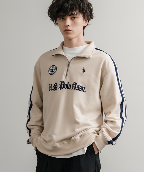 U.S. POLO ASSN.（ユーエスポロアッスン）の「U.S. POLO ASSN. ユーエスポロアッスン half zip sweat shirt オーバーサイズ袖ラインワンポイントロゴ刺繍ハーフジップ裏毛スウェット（スウェット・メンズ・アイボリー/オートミール/ブラック/ネイビー・M/L/LL）」の9枚目の写真