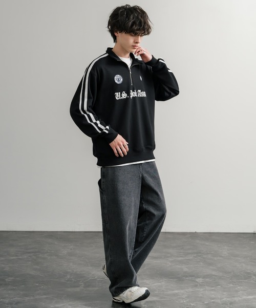 U.S. POLO ASSN.（ユーエスポロアッスン）の「U.S. POLO ASSN. ユーエスポロアッスン half zip sweat shirt オーバーサイズ袖ラインワンポイントロゴ刺繍ハーフジップ裏毛スウェット（スウェット・メンズ・アイボリー/オートミール/ブラック/ネイビー・M/L/LL）」の12枚目の写真