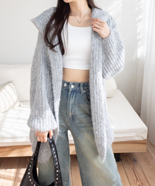 STAY MOTION（ステイモーション）の「【WEB限定】フード付きオーバーサイズニットカーディガン［韓国ファッション カジュアル］（カーディガン/ボレロ・レディース・グレー/アイボリー/ブラウン・F）」の2枚目の写真