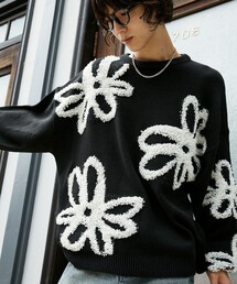 H375*TO BE CHIC☆花柄☆ビジュー☆ニット☆セーター☆黒ブラック H375*TO BE CHIC☆花柄☆ビジュー☆ニット☆セーター☆黒