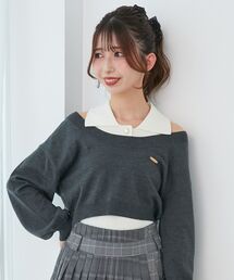 襟付ノースリニットセットオフショルニット