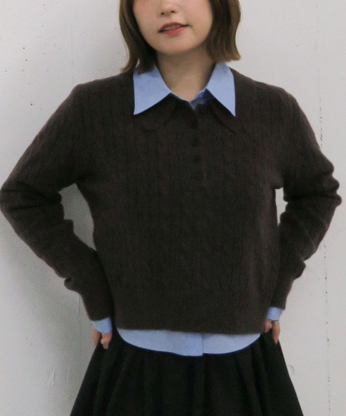 archives（アルシーヴ）の「ケーブルポロニット×シャツセット（Tシャツ/カットソー・レディース・グレー/チャコールグレー/ブラウン・MEDIUM）」の3枚目の写真