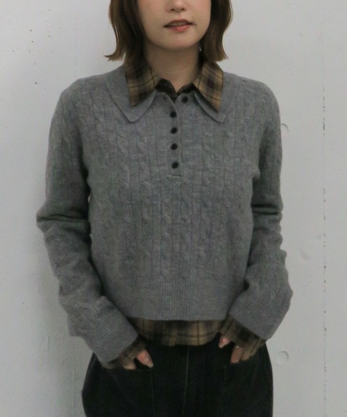 archives（アルシーヴ）の「ケーブルポロニット×シャツセット（Tシャツ/カットソー・レディース・グレー/チャコールグレー/ブラウン・MEDIUM）」の2枚目の写真