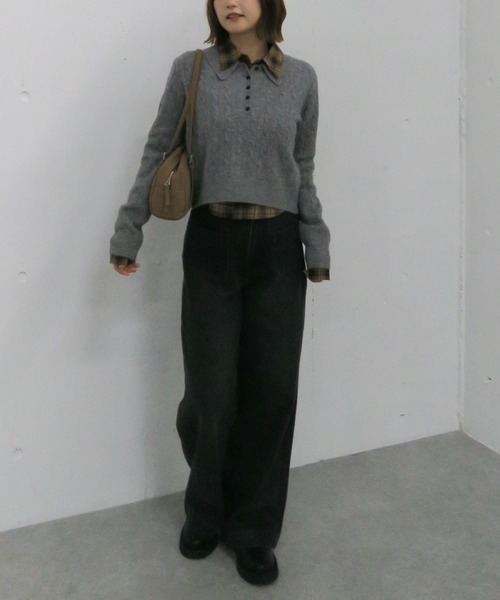 archives（アルシーヴ）の「ケーブルポロニット×シャツセット（Tシャツ/カットソー・レディース・グレー/チャコールグレー/ブラウン・MEDIUM）」の9枚目の写真