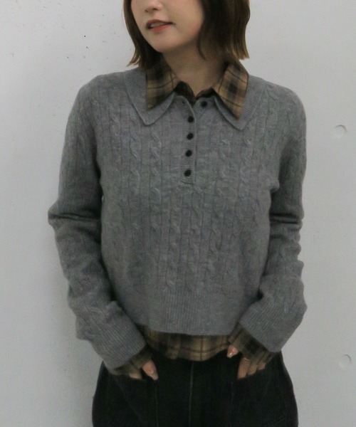 archives（アルシーヴ）の「ケーブルポロニット×シャツセット（Tシャツ/カットソー・レディース・グレー/チャコールグレー/ブラウン・MEDIUM）」の8枚目の写真
