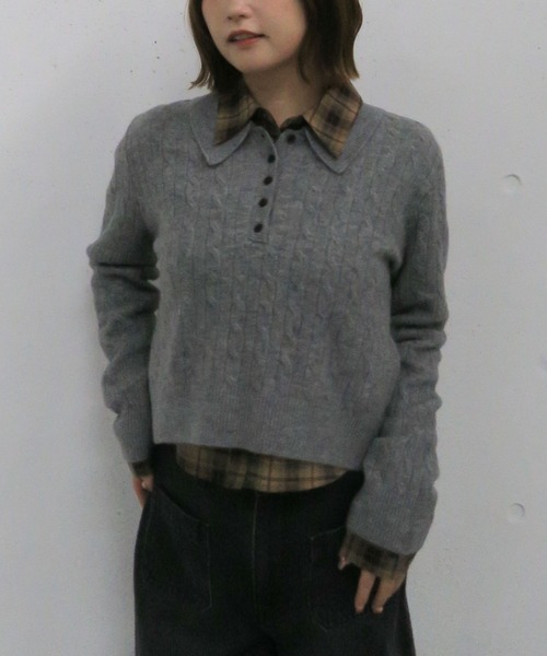archives（アルシーヴ）の「ケーブルポロニット×シャツセット（Tシャツ/カットソー・レディース・グレー/チャコールグレー/ブラウン・MEDIUM）」の7枚目の写真
