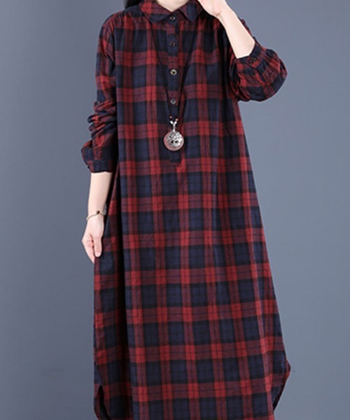 SallyLunn(サリーラン)の「秋冬チェックシャツワンピース(ワンピース・レディース・グリーン/レッド・L/M)」の4枚目の写真