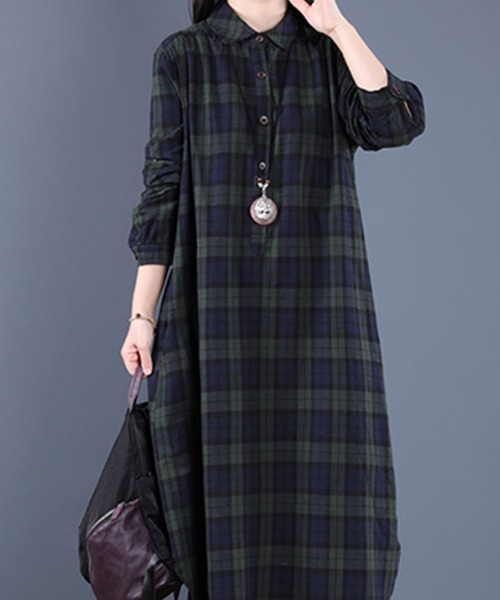 SallyLunn(サリーラン)の「秋冬チェックシャツワンピース(ワンピース・レディース・グリーン/レッド・L/M)」の5枚目の写真