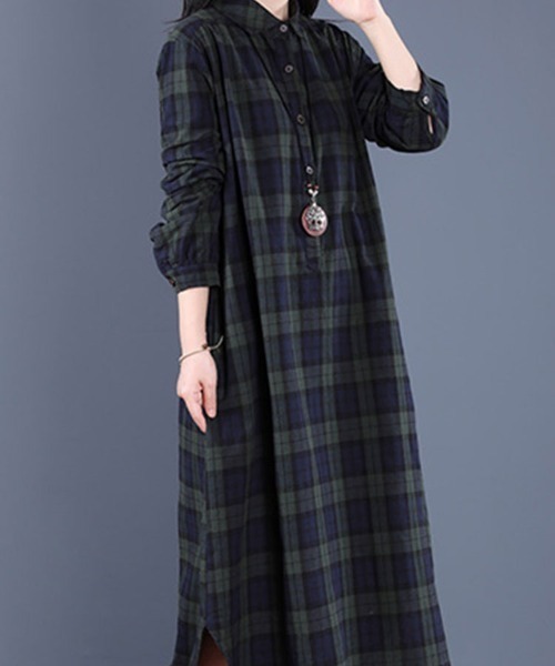 SallyLunn(サリーラン)の「秋冬チェックシャツワンピース(ワンピース・レディース・グリーン/レッド・L/M)」の6枚目の写真