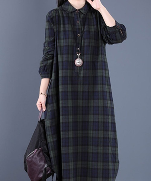 SallyLunn(サリーラン)の「秋冬チェックシャツワンピース(ワンピース・レディース・グリーン/レッド・L/M)」の7枚目の写真