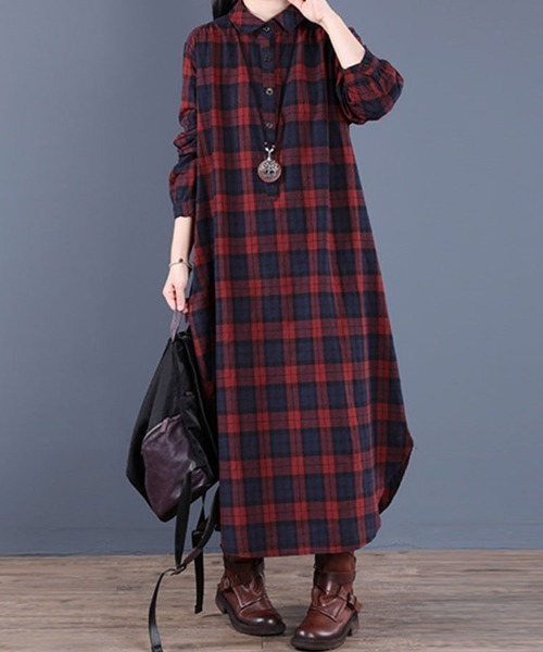 SallyLunn(サリーラン)の「秋冬チェックシャツワンピース(ワンピース・レディース・グリーン/レッド・L/M)」の9枚目の写真