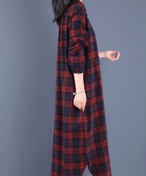 SallyLunn(サリーラン)の「秋冬チェックシャツワンピース(ワンピース・レディース・グリーン/レッド・L/M)」の10枚目の写真