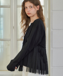 SHEER HALF PLEATED LONG SLEEVE T SHIRT BLACK
