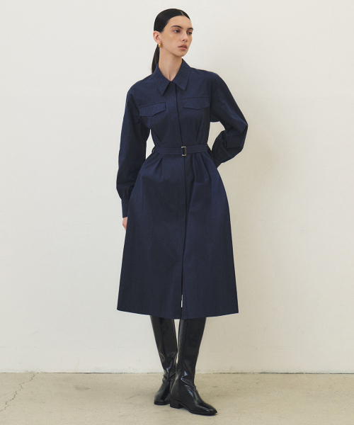 ヒドゥンボタンベルトシャツワンピース_NAVY