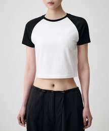 ウィメンズスリムクロップラグランTシャツ[ホワイト/ブラック]
