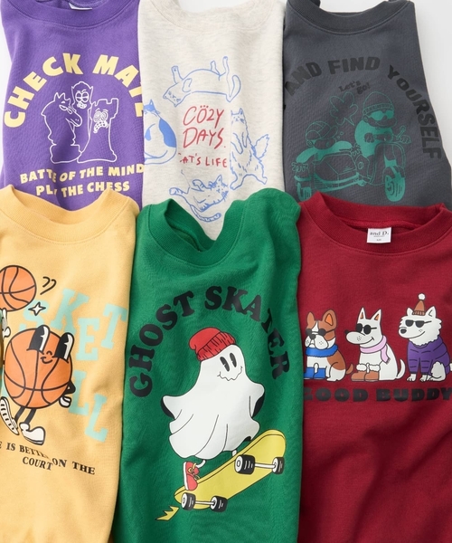 and D. petit main（アンドディープティマイン）の「【ご好評につき再入荷！】【365D.】スウェットOFUZAKE 柄ワイドプルオーバー/トレーナー（スウェット・キッズ・パープル/オートミール/イエロー/チャコール/レッド系その他/グリーン・130cm/100cm/120cm/140cm/110cm/90cm）」の12枚目の写真