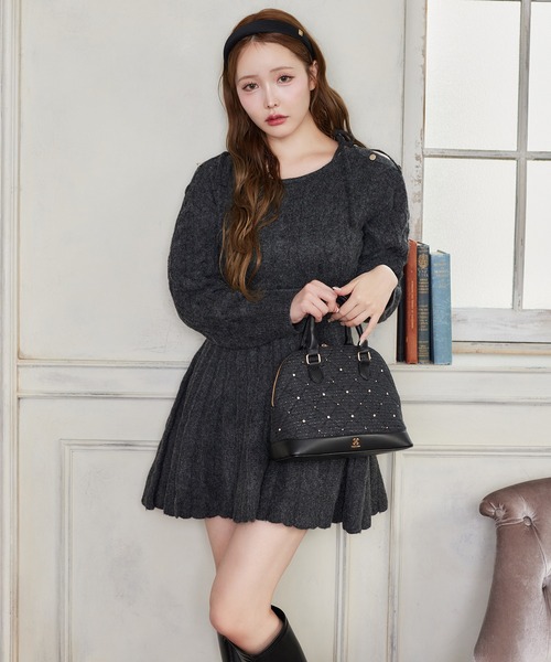 HolidayCollection】肩開きミニプリーツニットワンピース（ワンピース