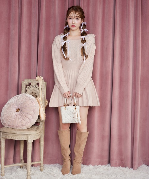 HolidayCollection】肩開きミニプリーツニットワンピース（ワンピース