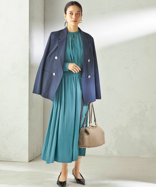 SHIPS(シップス)の「〈手洗い可能〉カッセン ギャザー ベルト付き 長袖 ワンピース(ワンピース・レディース・ネイビー/ダークグレー/グリーン・ONE SIZE)」の2枚目の写真