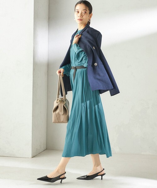 シップス（SHIPS）/〈手洗い可能〉カッセン ギャザー ベルト付き 長袖 ワンピース 手洗い可能〉カッセン ギャザー ベルト付き 長袖 ワンピース