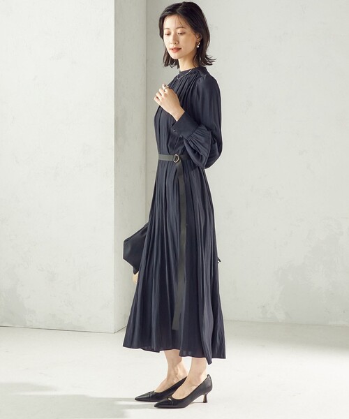 手洗い可能〉カッセン ギャザー ベルト付き 長袖 ワンピース