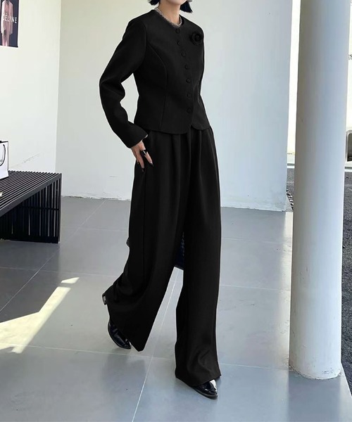 aimoha ノーカラーショートジャケット＋ワイドパンツ セットアップ