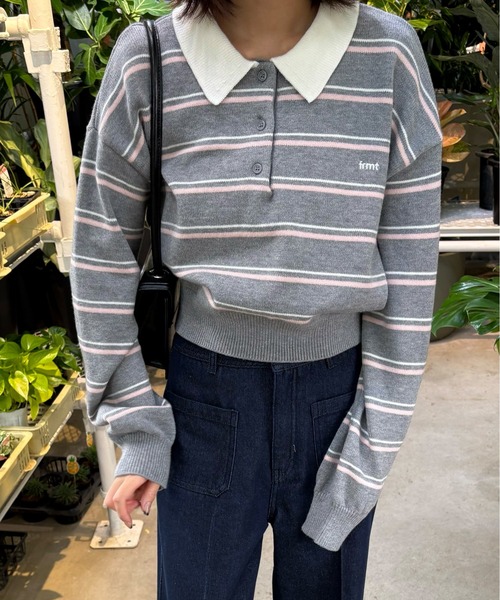 FREE'S MART（フリーズマート）の「◆ロゴ刺繍ボーダーポロニット（ニット/セーター・レディース・グレー系その他/ダークネイビー・FREE）」の2枚目の写真