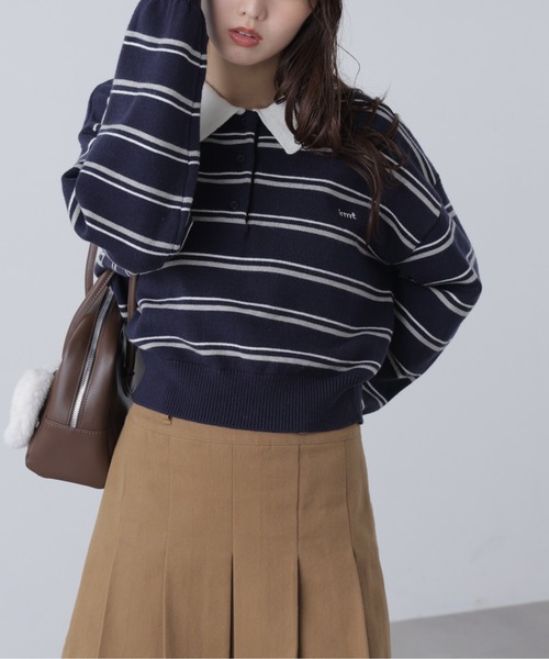 FREE'S MART（フリーズマート）の「◆ロゴ刺繍ボーダーポロニット（ニット/セーター・レディース・グレー系その他/ダークネイビー・FREE）」の4枚目の写真