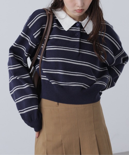 FREE'S MART（フリーズマート）の「◆ロゴ刺繍ボーダーポロニット（ニット/セーター・レディース・グレー系その他/ダークネイビー・FREE）」の5枚目の写真