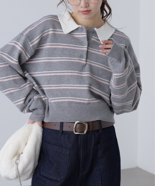 FREE'S MART（フリーズマート）の「◆ロゴ刺繍ボーダーポロニット（ニット/セーター・レディース・グレー系その他/ダークネイビー・FREE）」の12枚目の写真