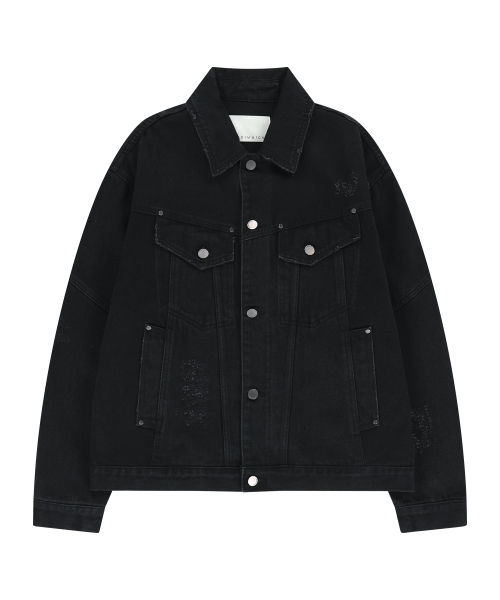 UNGIMMICK(アンジミック)の「DAMAGED DENIM TRUCKER JACKET (BLACK)(デニムジャケット・メンズ・その他・SMALL/MEDIUM/LARGE)」の1枚目の写真